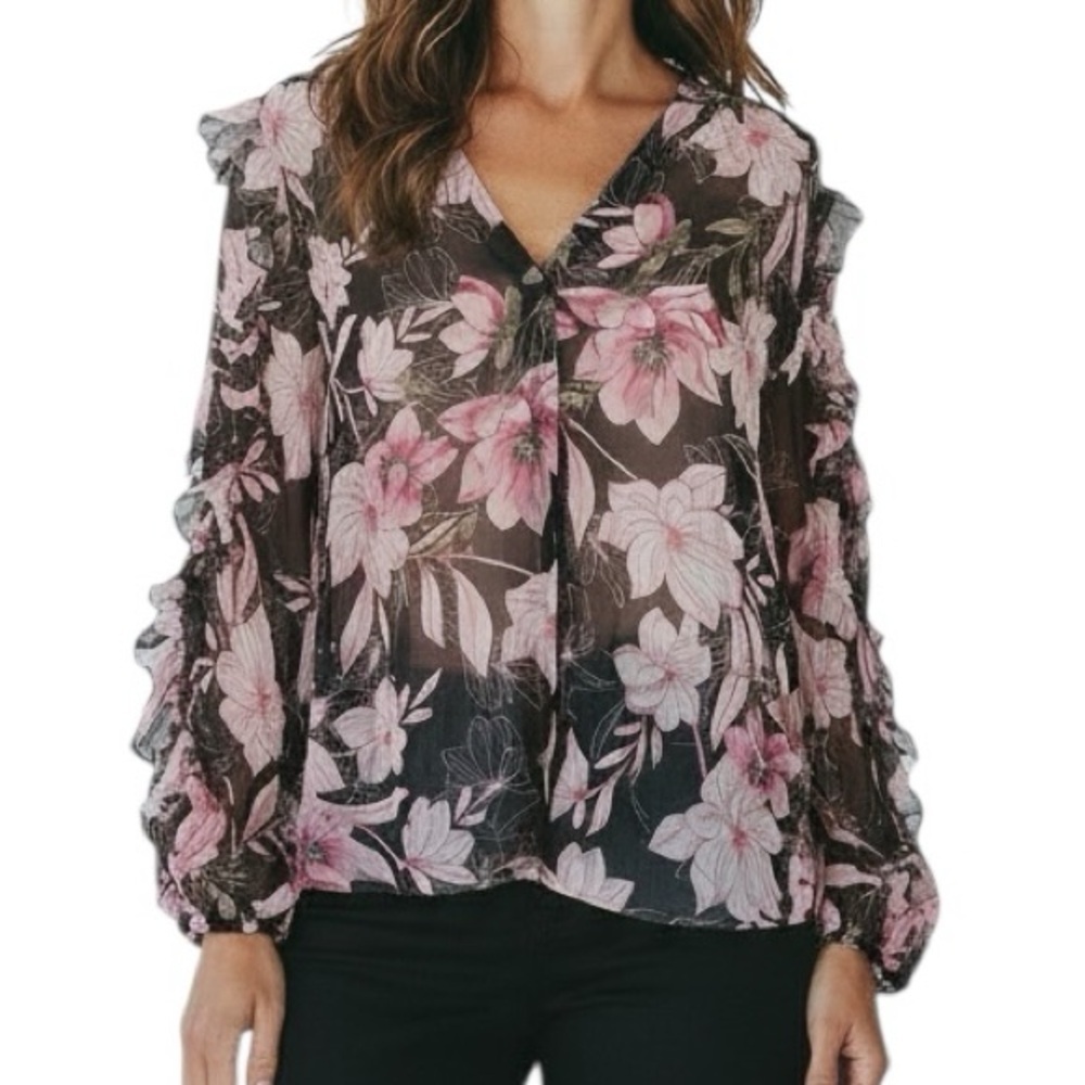 WHITE HOUSE BLACK MARKET Semi-Sheer Black Floral Ruffle Detail Blouse Size Large